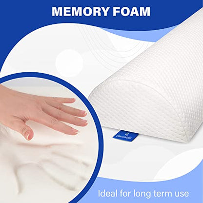  Back Pain Relief Memory Foam Pillow - Half Moon Bolster Knee Pillow For Side, Back, Stomach Sleepers - Semi Roll Round Lumbar Leg Wedge - Reduce Neck Spine Back Hip Ankle Stress - Organic Cotton Cover