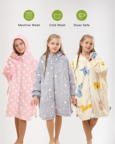  Uttermara Wearable Blanket Hoodie, Zipper Oversized Hoodie Blanket For Kids, Sherpa Hooded Blanket With Hood, Pocket & Sleeve, One Size Fits All, Stars Print Glow In The Dark