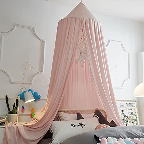  Bed Canopy For Girls Kids,Princess Round Dome Children Dreamy Mosquito Net Bedding Girls Room Castle Play Tent Hanging House Decor Reading Nook Canopies (Beige Pink)