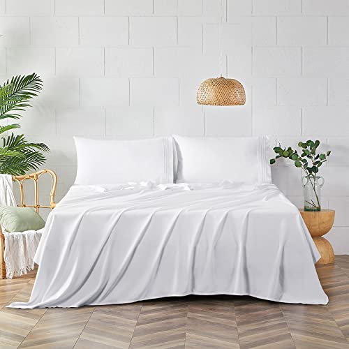  Queen Bed Sheets Set 1800 Series 4-Piece Embroidered Double Brushed Microfiber Sheets 16" Deep Pocket Hotel Soft Luxury Bedding Sheet Set, Wrinkle Resistant, White