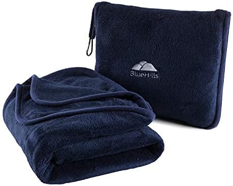  BlueHills Premium Soft Tall Travel Blanket Pillow Airplane Flight Blanket Long 70 X 48 Inch Throw In Bag Pillow Case With Hand Luggage Belt & Backpack Clip Compact Pack Large Blanket Long Black T054