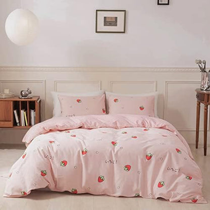  Cute Strawberry Duvet Cover Twin Kids Girls Bedding Set Kawaii Bedroom Decor Cotton Quilt Cover With Zipper Lightweight 3 Piece Bed Set With 2 Pillow Cases, Cream White
