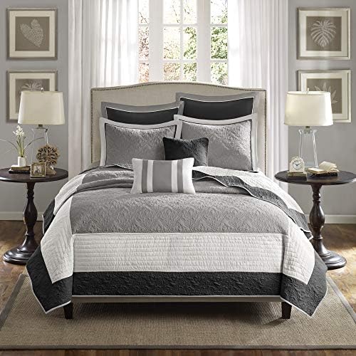  Attingham Reversible Quilt Set - All Season Breathable Coverlet, Lightweight Cozy Bedding Layers, Matching Shams, King/Cal King(104"x94"), Black Multi 7 Piece