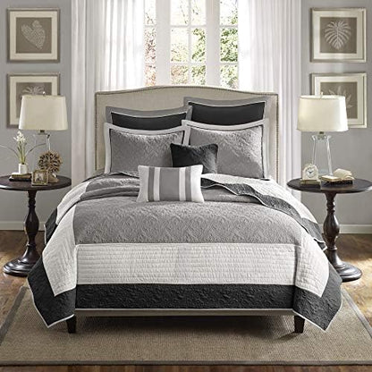  Attingham Reversible Quilt Set - All Season Breathable Coverlet, Lightweight Cozy Bedding Layers, Matching Shams, King/Cal King(104"x94"), Black Multi 7 Piece