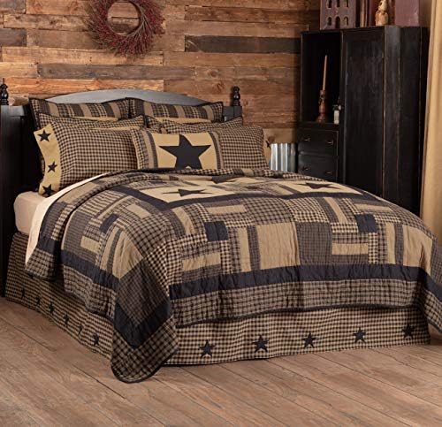  VHC Brands Black Check Star Queen Quilt 90Wx90L Country Rustic Primitive Design, Black And Tan