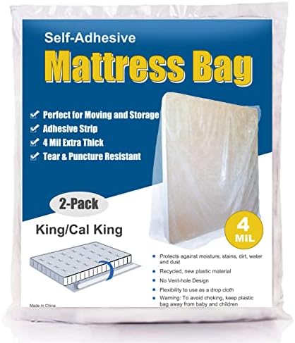  4 Mil Extra Thick Sealable Mattress Bag With Adhesive Strip For Moving And Storage, Heavy Duty, Fits King And Cal King, 1-Pack