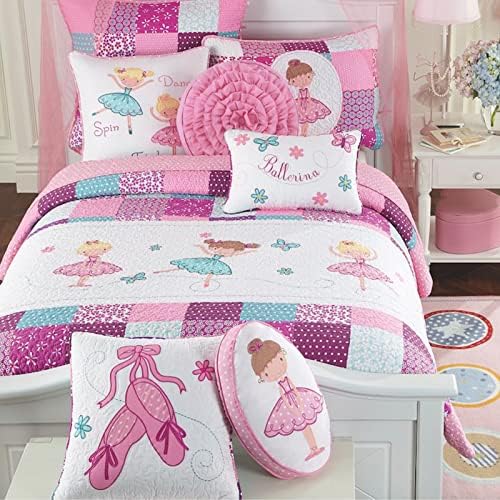  Cozy Line Home Fashions Ballerina Dance Princess Bedding Quilt Set, 100% Cotton Bedspread Coverlet Set (Pink Embroidered, Twin - 2 Piece)
