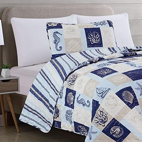  Great Bay Home 2-Piece Twin Reversible Lightweight Nautical Quilt Comforter With 1 Sham | All-Season, Beach Bedspreads | Blue Coastal Coverlet Sets | Casco Bay Quilts Collection