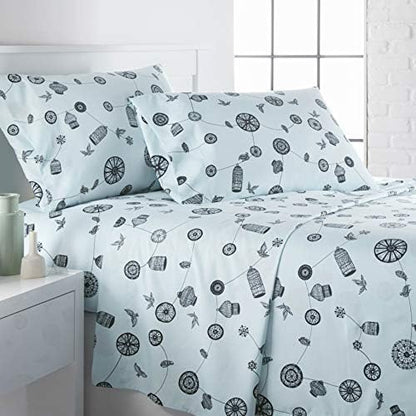  Bird Collection, 3-Piece, 14-Inch Deep Pocket Sheet Set, Easy Care, Shrinkage Free Sheet Set With 1 Flat Sheet, 1 Fitted Sheet, 1 Pillowcase, Blue, Twin XL