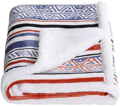  Sherpa Fleece Throw Blanket, Fuzzy Warm Super Soft Reversible Stripe Geometric Pattern Plush Blanket For Bed, Sofa And Couch, 50 X 60 Inches, Red/Blue