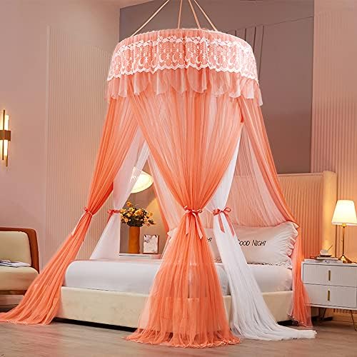  Bed Canopy For Girls - Princess Elegant Lace Round Sheer Mesh Bed Curtains - Canopy For Girls Room Bedding Net For Twin Full Queen King Size (Pink And Blue)