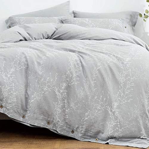  OREISE Duvet Cover Set Full/Queen Size Washed Cotton Yarn, Jacquard Green And White Thin Branch Pattern Floral Style 3Piece Bedding Set