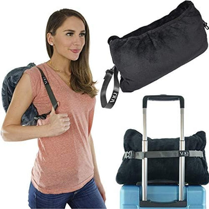  XOQute Premium Coral Fleece Travel Pillow Blanket 2 In 1 | Compact Travel Blanket And Pillow Set | Travel Pillow And Blanket Set | Airplane Blanket | Portable Blanket Pillow | Compact Blanket (Black)