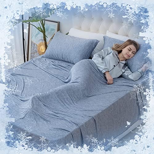  OMERAI Cooling Sheets Cooling Bed Sheets Queen Sheet Set Cooling Blanket For Hot Sleeper Breathable Bedding Sheets 4 Pcs,1 Cooling Flat Sheet,1 Cooling Fitted Sheet,2 Cooling Pillowcases, (Queen Blue)
