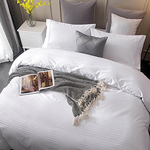  Merryfeel Cotton Sateen Duvet Cover Set,100% Cotton Sateen 300 Thread Count Classic Jacqaurd Stripe Duvet Cover Set,3 Pieces Bedding Set. (Full/Queen,White)-5-Star Hotel Quality