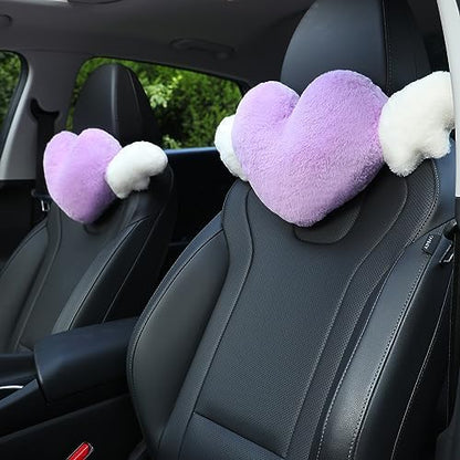  2 Pack Heart Shaped Cute Car Headrest Pillow With Angel Wings - Comfortable Soft Head Rest Cushion Kawaii Car Accessories Neck Pillow For Driving Travelling Office Home Decor - Black Love Heart