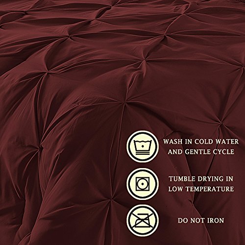  Comfy Bedding Double Needle Durable Stitching 3-Piece Pinch Pleat Comforter Set All Season Pintuck Style, Queen, Burgundy
