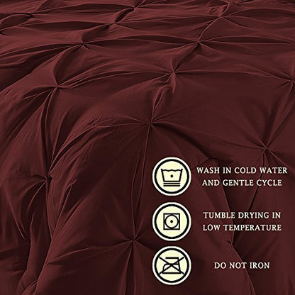  Comfy Bedding Double Needle Durable Stitching 3-Piece Pinch Pleat Comforter Set All Season Pintuck Style, Queen, Burgundy