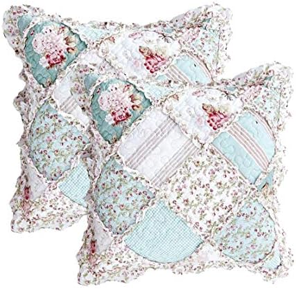  Set Of 2 Blooming Floral Throw Pillow Covers - Patchwork Hint Of Mint Cotton Garden Country Cottage - Ruffles Muted Pastel Light Seafoam Blue/Green - 18" X 18"
