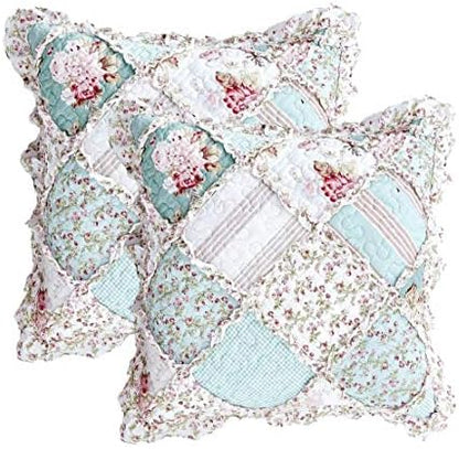  Set Of 2 Blooming Floral Throw Pillow Covers - Patchwork Hint Of Mint Cotton Garden Country Cottage - Ruffles Muted Pastel Light Seafoam Blue/Green - 18" X 18"