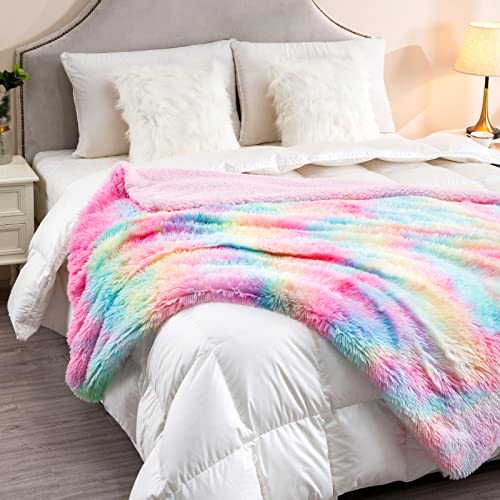  DANGTOP Faux Fur Throw Blanket, Tie Dye Fluffy Blanket, Super Soft Rainbow Blanket For Girls, Luxury Cozy Warm Plush Thick Sherpa Throws For Bed Couch Living Room (Rainbow, 59x79 Inches)