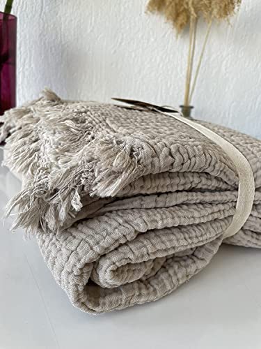  100% Cotton Muslin Throw Blanket, 4 Layers Bedspread, Soft Turkish Cotton Muslin Bed Cover, Reversible Coverlet, Mink (Two Pillowcase 20x30)
