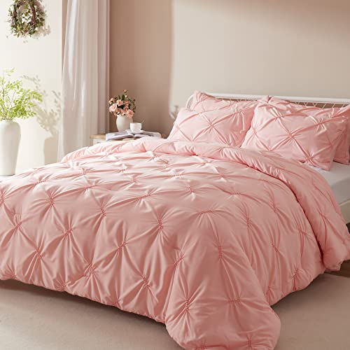  Queen Comforter Set -Pintuck Down Alternative Comforters With 2 Pillow Shams, Soft Queen Size Bedding Comforter Sets Lightweight All Season (Pink,88x88 Inches, 3 Pieces)