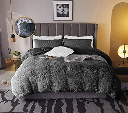  3pc Fluffy Plush Shaggy Duvet Cover Faux Fur Fluffy Comforter Bed Sets Ultra Soft Velvet Bedding Sets (1 Faux Fur Duvet Cover + 2 Pompoms Fringe Pillowcases) Zipper Closure Dark Grey, King