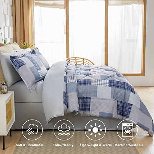  8 Pcs Blue White Plaid Bedding Comforter Sets King Patchwork Comforter Set Bed In A Bag With Flat Sheet,Fitted Sheet,Bed Skirt,Pillowcases & Shams,Gingham Bed Check Duvet Set Geometric Home Decor