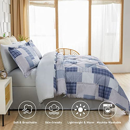  8 Pcs Blue White Plaid Bedding Comforter Sets King Patchwork Comforter Set Bed In A Bag With Flat Sheet,Fitted Sheet,Bed Skirt,Pillowcases & Shams,Gingham Bed Check Duvet Set Geometric Home Decor