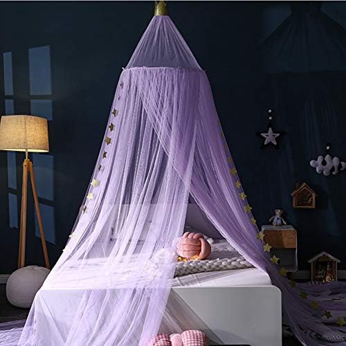  Bed Canopy With Stars And Crown, 7 Doors Mosquito Net Bed Canopy For Girls, Princess Canopy For Girls Bed Room Decor, Encrypted Fabric, Purple