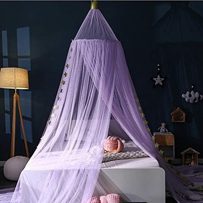  Bed Canopy With Stars And Crown, 7 Doors Mosquito Net Bed Canopy For Girls, Princess Canopy For Girls Bed Room Decor, Encrypted Fabric, Purple