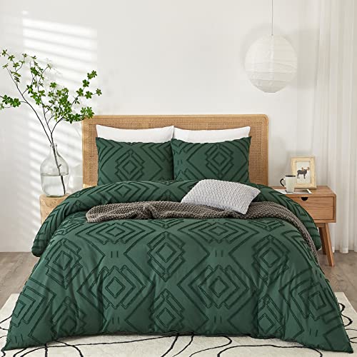  Powdion Green Duvet Cover Tufted, Dark Green Duvet Cover Queen With Jacquard Geometric Design, Boho Textured Duvet Cover Lightweight, 3pcs Olive Green Duvet Cover Set Zipper Closure 4 Ties