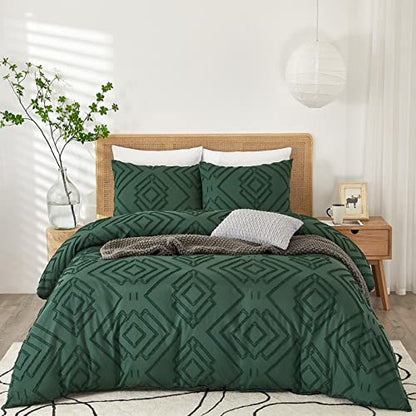  Powdion Green Duvet Cover Tufted, Dark Green Duvet Cover Queen With Jacquard Geometric Design, Boho Textured Duvet Cover Lightweight, 3pcs Olive Green Duvet Cover Set Zipper Closure 4 Ties