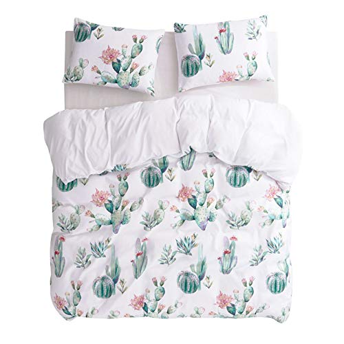  Wake In Cloud - Cactus Comforter Set, Watercolor Cacti Pattern Printed In Green Purple On White, Soft Microfiber Bedding (3pcs, Queen Size)