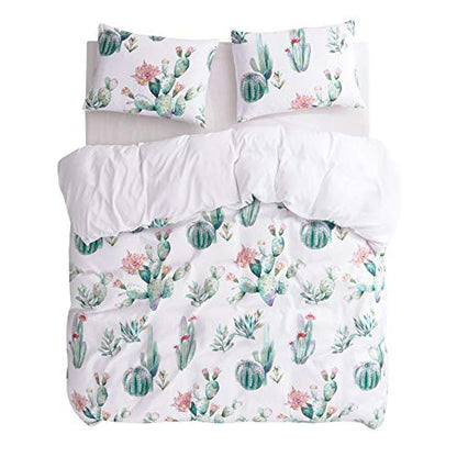  Wake In Cloud - Cactus Comforter Set, Watercolor Cacti Pattern Printed In Green Purple On White, Soft Microfiber Bedding (3pcs, Queen Size)