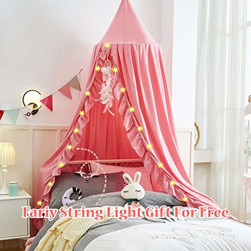  Hommi Lovvi Kids Bed Canopy, Dreamy Frills Canopy For Girls Bedroom Soft Ceiling Hanging Decoration Princess Canopy Net Reading Nook, Extra Large Full Size Bed Canopies With Light - Pink