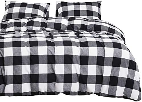  Wake In Cloud - Red Black Plaid Duvet Cover Set, 100% Washed Cotton Bedding, Buffalo Check Gingham Plaid Geometric Checker Pattern, With Zipper Closure (3pcs, Queen Size)