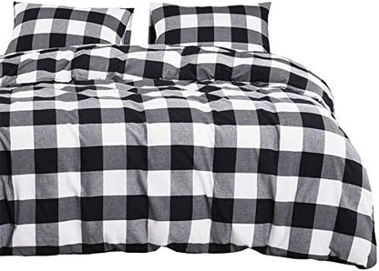  Wake In Cloud - Red Black Plaid Duvet Cover Set, 100% Washed Cotton Bedding, Buffalo Check Gingham Plaid Geometric Checker Pattern, With Zipper Closure (3pcs, Queen Size)