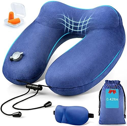  Urophylla Inflatable Travel Pillow For Airplane, Inflatable Neck Pillow For Traveling With 3D Contoured Eye Masks, Adjustable Neck/Chin Support Pillow For Trains, Cars, Large (Green)