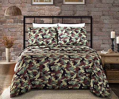  Military Camo 4-Piece Sheet Set - Camouflage Army Green Printed Soft Microfiber Sheets, Full Size