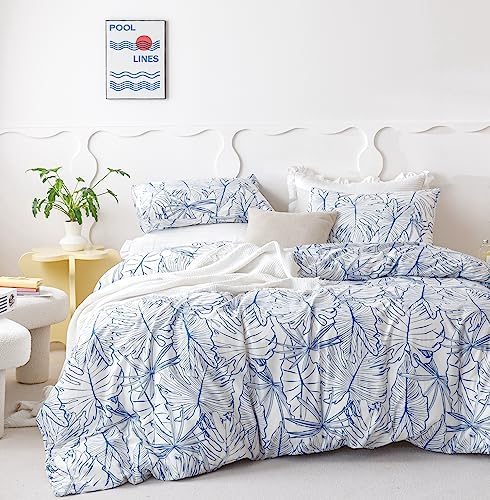  SUSYBAO Botanical Duvet Cover Queen 100% Cotton Tropical Plant Duvet Cover 3 Pieces Set 1 Palm Leaves Patterned Duvet Cover With Zipper Ties 2 Pillowcases Luxury Soft Green Botanical Bedding Set Comfy