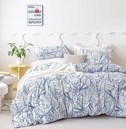  SUSYBAO Botanical Duvet Cover Queen 100% Cotton Tropical Plant Duvet Cover 3 Pieces Set 1 Palm Leaves Patterned Duvet Cover With Zipper Ties 2 Pillowcases Luxury Soft Green Botanical Bedding Set Comfy