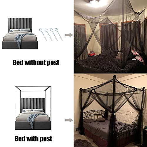  Bigomila Black Mosquito Net Four Corner Bed Canopy Queen Size Bed Curtains King Size Bed Drapes Four Sides Open Mesh Bed Canopy Girl Elegant Bed Decoration (Black)