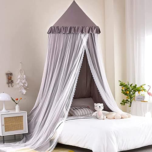  Kertnic Bed Canopy For Kids Room Double Layer Mosquito Net, Hanging Play Tent Children Reading Nook Canopies, Round Dome Princess Castle Dreamy Bedding For Girls Room House Décor (Beige Pink)
