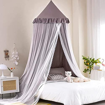  Kertnic Bed Canopy For Kids Room Double Layer Mosquito Net, Hanging Play Tent Children Reading Nook Canopies, Round Dome Princess Castle Dreamy Bedding For Girls Room House Décor (Beige Pink)