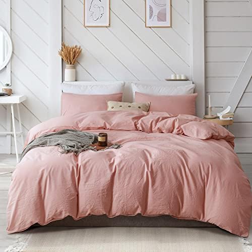 3 Pieces Duvet Cover Set Queen 100% Washed Cotton 1 Duvet Cover With Zipper And 2 Pillowcases, Ultra Soft And Easy Care Breathable Cozy Simple Style Bedding Set (Avocado Green)