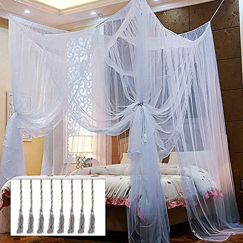  4 Corner Post Bed Canopy, Elegant Curtain Net For Full/Queen/King Size Bed (White)