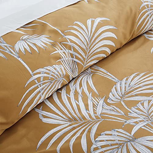  Eikei Midnight Blue Botanical Print Duvet Quilt Cover Egyptian Cotton Bedding Set Modern Luxury Minimal Palm Leaf Dark Charcoal Navy Ocher Floral Watercolor Design 120x98 (Mustard Yellow, Super King)