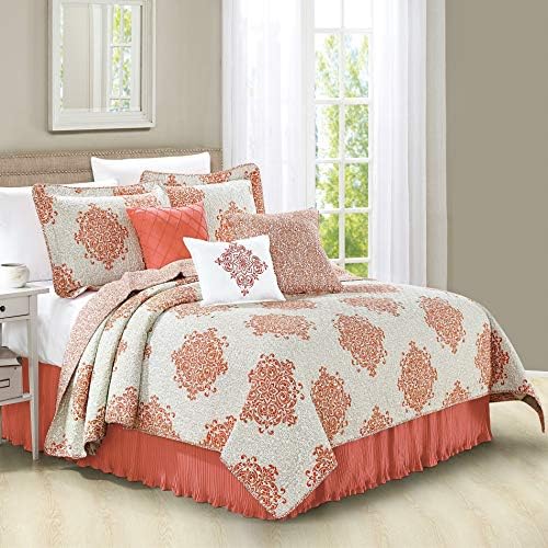  Home Soft Things Chelsea Printed Microfiber Quilts Coverlet Set Queen 90" X 90" Coral 6 Piece Bedding Set With Matching Shams Pillows, Medallion Design Soft Reversible Bedspread